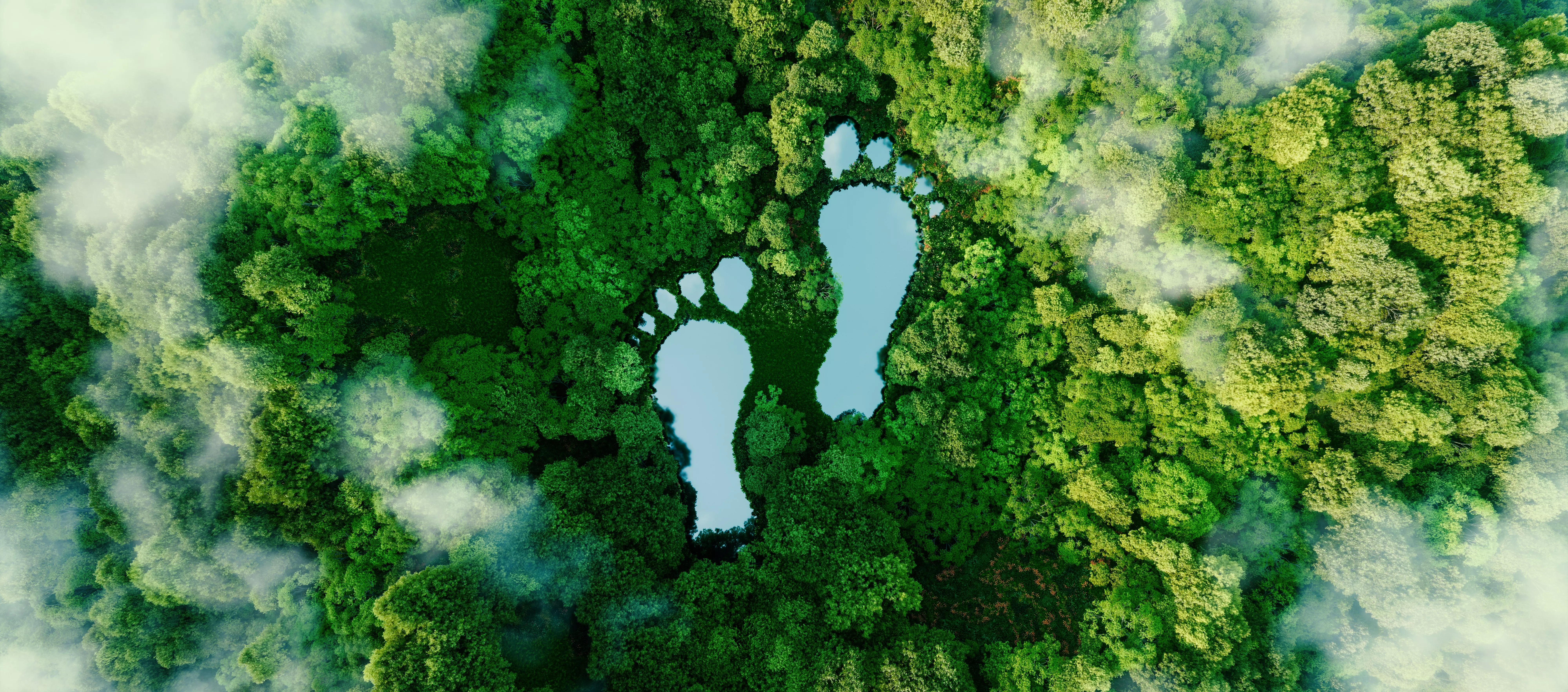 Zwei Fußabdrücke aus Wasser in einem grünen Wald aus Vogelperspektive